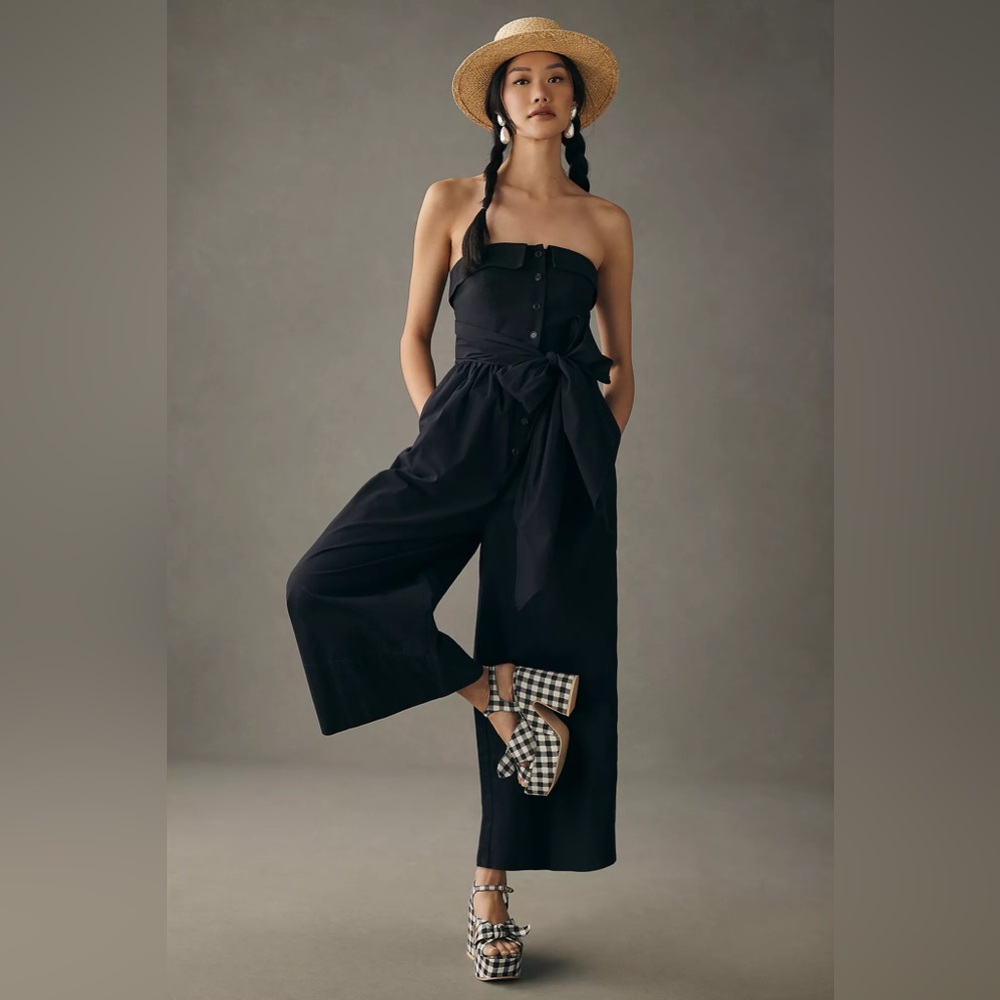 Black Maeve Strapless Buttondown Wide-Leg Jumpsuit, Sz 4